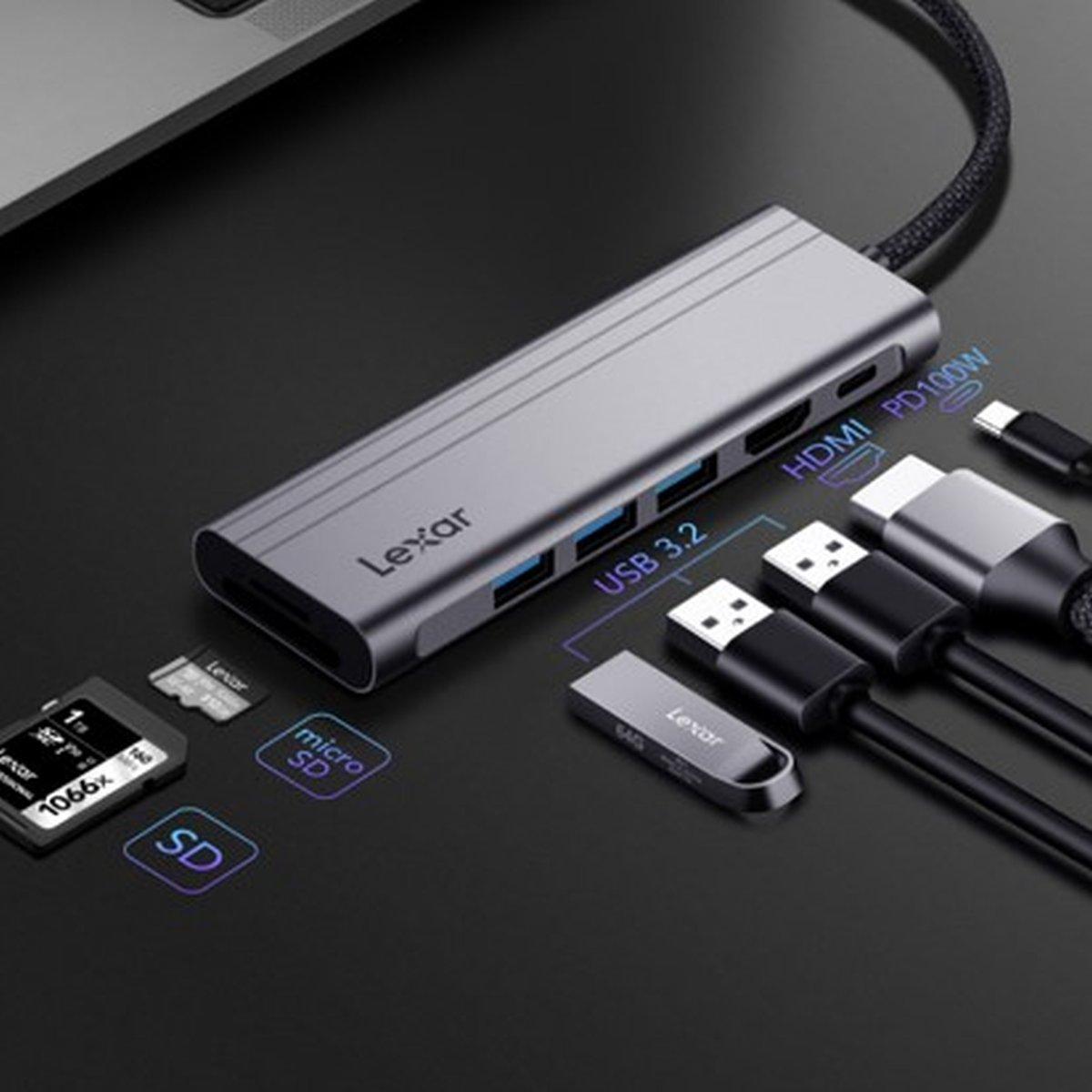 Lettore card Lexar 7-in-1 USB-C Hub. USB 3.2 Gen1. Type-C, 3xUSB-A. HDMI, SD, microSD slot. PD 100W