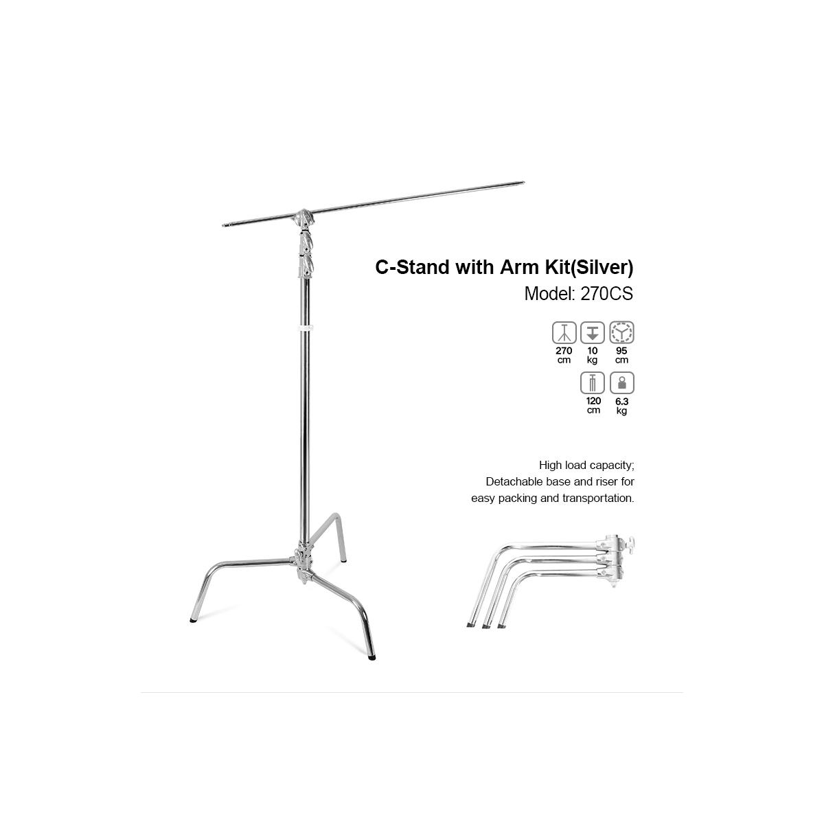 Godox stativo a giraffa 270cs c-stand arm kit silver iron (diam 35-30-25, gambe 25, max h 320cm, chiuso 146cm, peso 6,8kg, carico 10kg)