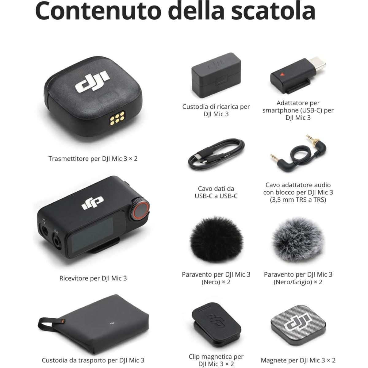 DJI Mic 3 (2 TX + 1 RX + Charging Case) - Microfono Wireless Compatto DJI Garanzia Nital 2 Anni