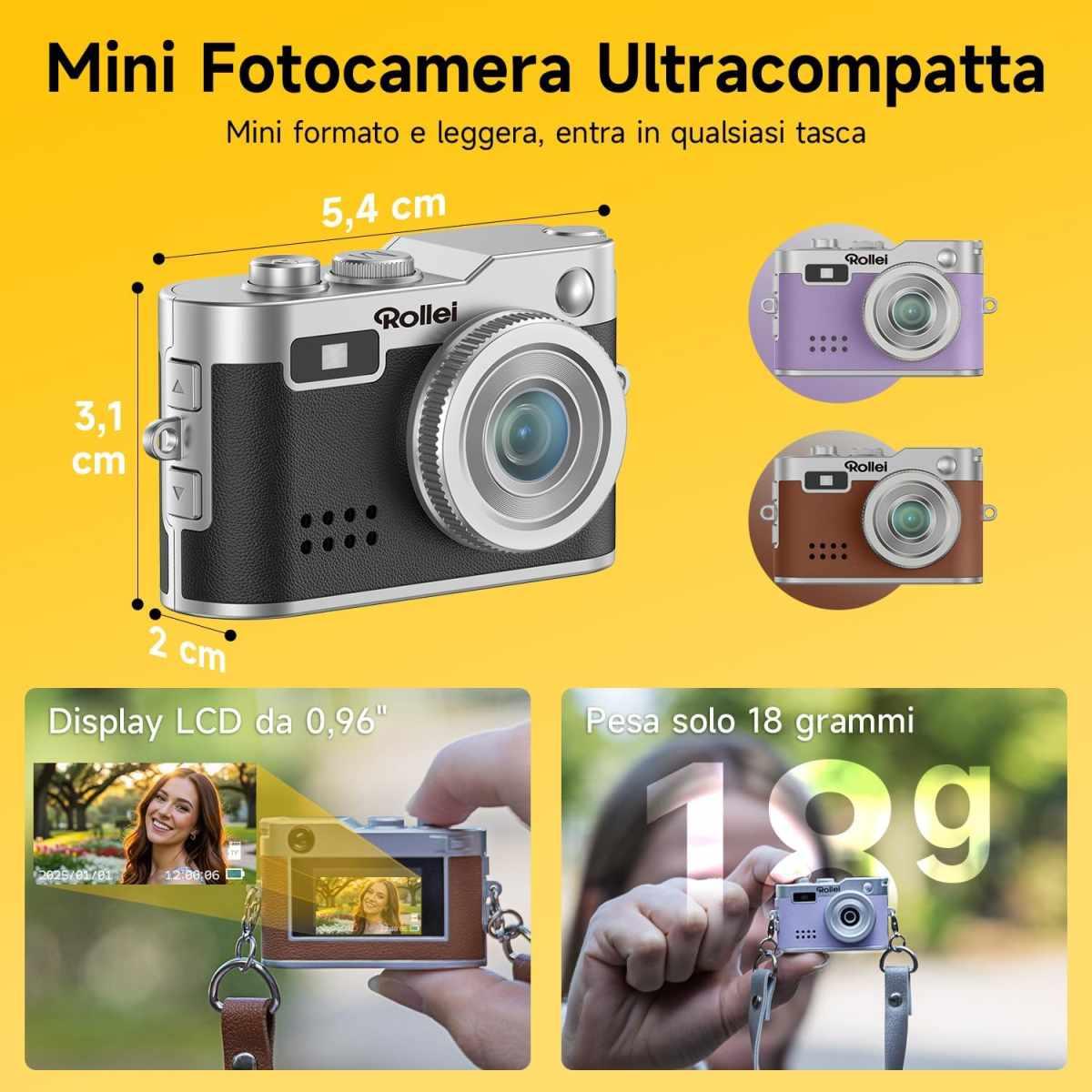 Rollei Mini Fotocamera-Videocamera Digitale Marrone, 1080P HD Piccola Macchina Fotografica Digitale Retrò con 0,96" Schermo a Colori 2MP Cámara Digital Compatta con Flash e Registr