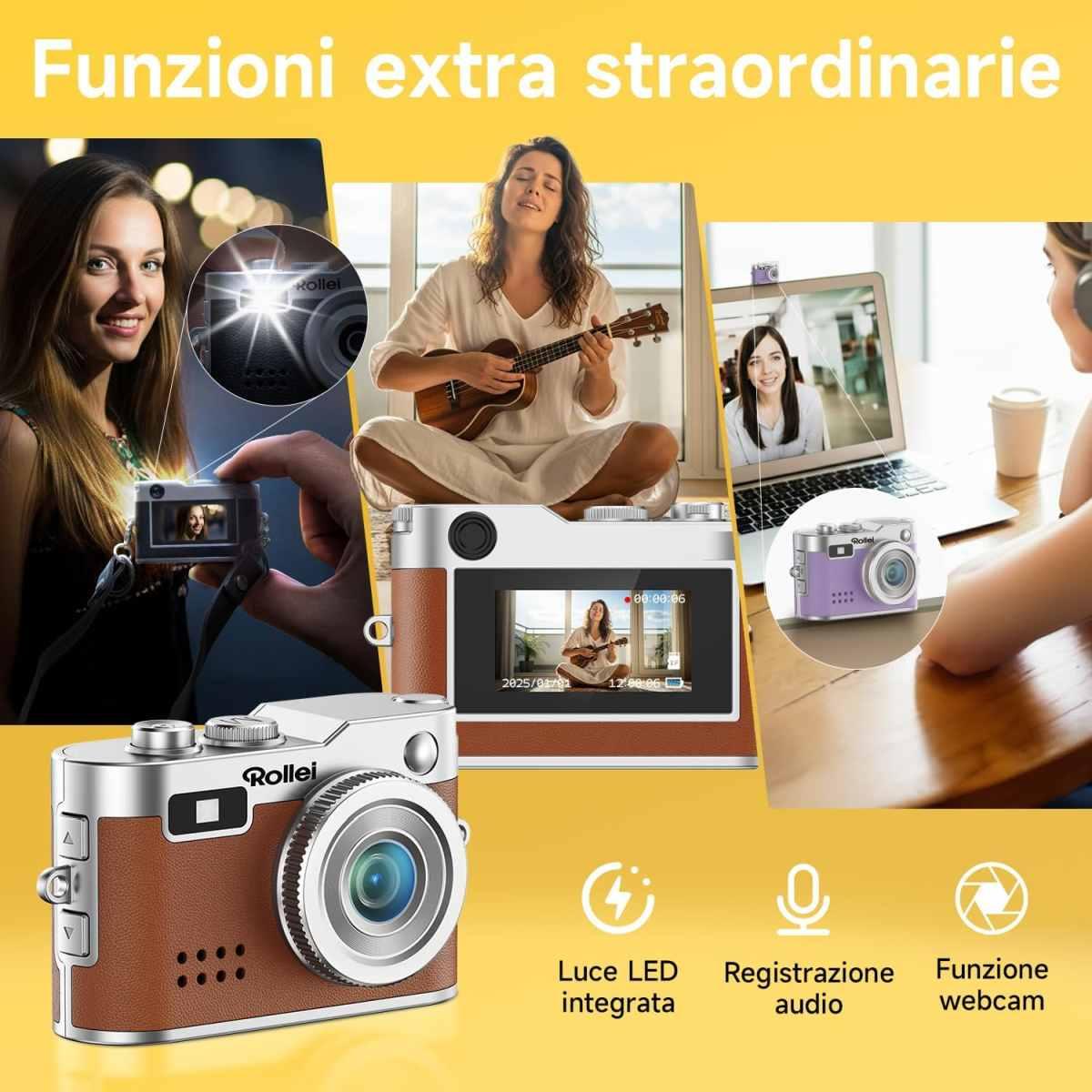 Rollei Mini Fotocamera-Videocamera Digitale Marrone, 1080P HD Piccola Macchina Fotografica Digitale Retrò con 0,96" Schermo a Colori 2MP Cámara Digital Compatta con Flash e Registr